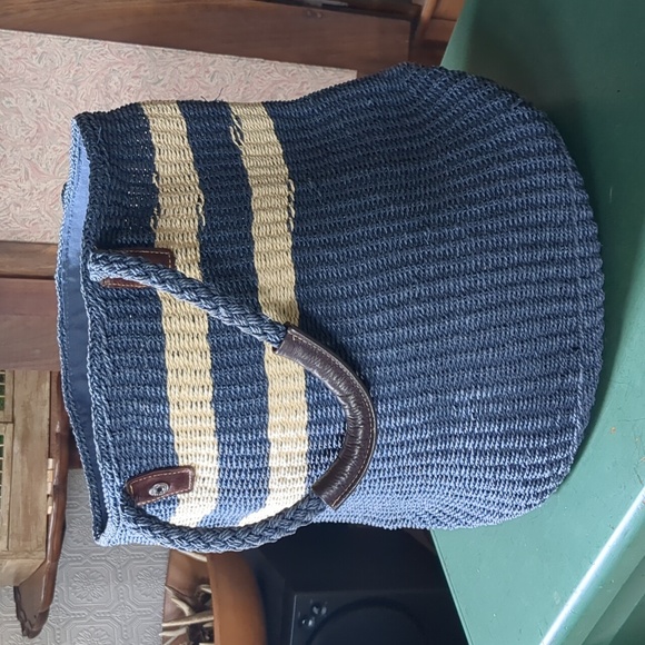 Vintage Fishermancore Blue and Cream Woven Tote with Leather Accents GAP - Picture 6 of 14